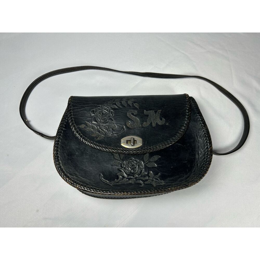 Vintage1940 custom-made curved leather, shoulder bag, black crossbody adjustable - Picture 2 of 13